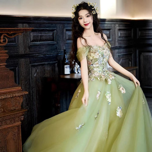 Flower Fairy Evening Gown Green Off-Shoulder Tulle Dress Empire Waistline Coming Of Age Ceremony Princess Style - Product Image 3