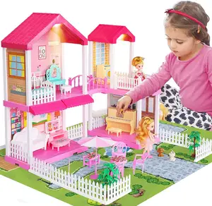 Girls Miniature Dollhouses DIY Funny Child Pretend Play Plastic Doll Houses Toys Indoor Playing with Accessories Furniture