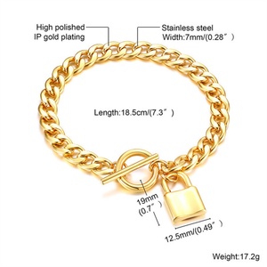 สร้อยข้อมือดีไซน์เนอร์ OT Clasp Lock Charms  วัสดุสแตนเลสสตีล 316L  แบบ Cuban Miami Link Chain สีทอง - Product Image 2