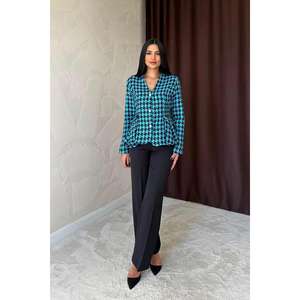 Blazer Azul con Diseño de Pata de Gallo y Lazo en la Espalda, Chaqueta de Mujer Tejida de Manga Larga - Product Image 6