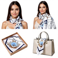 Ensemble cadeau de foulard en soie bleu et blanc carré de luxe pour femmes, motif nautique, châle en satin, décoration de sac