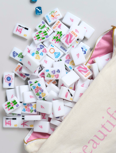 Ensemble de 160 tuiles de Mahjong américaines brillantes couleur ivoire, thème beauté féminine, avec motifs rouge à lèvres, diamant, talons hauts et fête <span class=keywords><strong>disco</strong></span>, Mahjong personnalisé - Product Image 4
