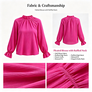 Blusa Plissada Feminina de Manga Longa com Renda e Gola Alta, Caimento Relaxado e Fluido, Camisa Casual Sólida para Primavera e Verão - Product Image 3