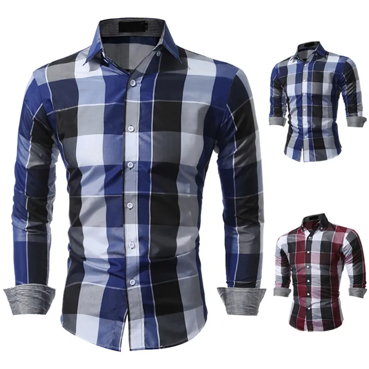 Camisa de manga larga para hombre, de Color contrastante camisa a cuadros, informal, Respirante, talla europea