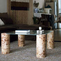 Table basse en verre transparent avec pieds en bois de burl naturel, table basse contemporaine