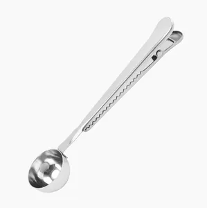 Multi Use Kitchen Baking Tea Protein Powder Clipping Long Handle Stainless Steel Tablespoon Coffee Spoon with Sealing Bag Clip