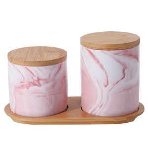 Contenedor de comida seca de porcelana de mármol real de lujo MSH, juego de tarros de almacenamiento de azúcar para té y café con tapa de madera, bote de té de hierro - Product Image 1