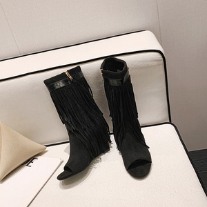 Designer 42 Size Oversized Tassel Designer Ladies Shoes Open Toe Wedge Heels Casual Mid <b>Boots</b> for Women - Product Image 3