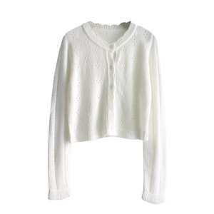 Cárdigan de Punto Gris para Mujer, Color Sólido, Algodón, Estilo Vintage, Calado, Suéter, Abrigo, Manga Larga, Estilo Retro - Product Image 3