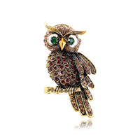 Broche Mystérieuse Hibou Bleu Cristal, Style Antique, en Métal, avec Support en Forme de Branche, Motif Fauna Sauvage, Épingle de Revers pour Vente en Gros de Bijoux