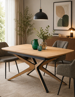 Table à manger moderne en mélamine imitation bois, taille fixe, avec base en métal bicolore en forme de X, pour la maison et l'hôtellerie