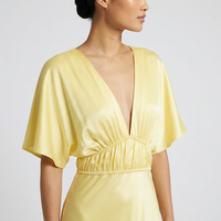 Robe de soirée élégante pour femme en satin, taille empire, col en V profond, manches évasées, longueur maxi, teinture de tissu personnalisée