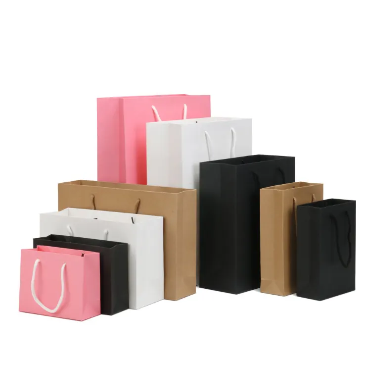 Custom Designer Garment Gift Wedding Branded Logo Tote Colorful Pink Brown Black Package Shopping Cardboard Bag with Handle