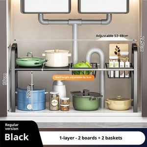 Carbon Steel Double Tier Standing <b>Kitchen</b> <b>Storage</b> Rack Organizer Removable Tray <b>Storage</b> <b>Unit</b> Multifunction Cleaning Tools - Product Image 6