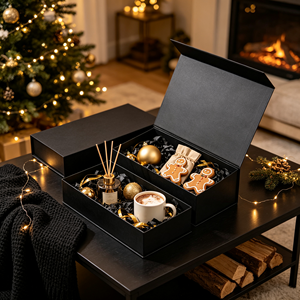 Coffret Cadeau de Noël Noir avec Tasse à Latte, Diffuseur, Ornements, Sachet en Jute, Couverture, Emballage pour Arbre de Noël, Ensemble de Présentation en Gros - Product Image 1