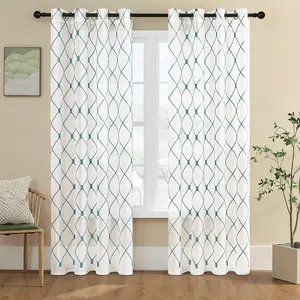 White Sheer Curtains Teal Blue Embroidered Diamond Pattern Grommet Window Curtains For Living Room Bedroom