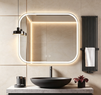 Miroir de salle de bain rectangulaire arrondi sans cadre avec rétroéclairage LED, anti-buée, tactile, éclairé, miroir de vanité moderne minimaliste, décoration de salle de bain