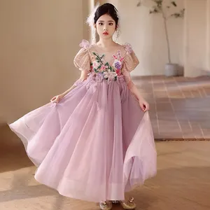 Robe de princesse à manches courtes pour filles, robe fleurie en maille à la mode, robe de luxe pour enfants