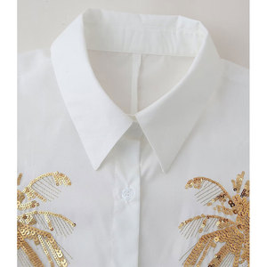 OEM Customized Women's Blouses <strong>White</strong> Long Sleeve Turn-down Collar Shirts With Golden <strong>Sequin</strong> Palm Button Down Casual <strong>Tops</strong> - Product Image 4