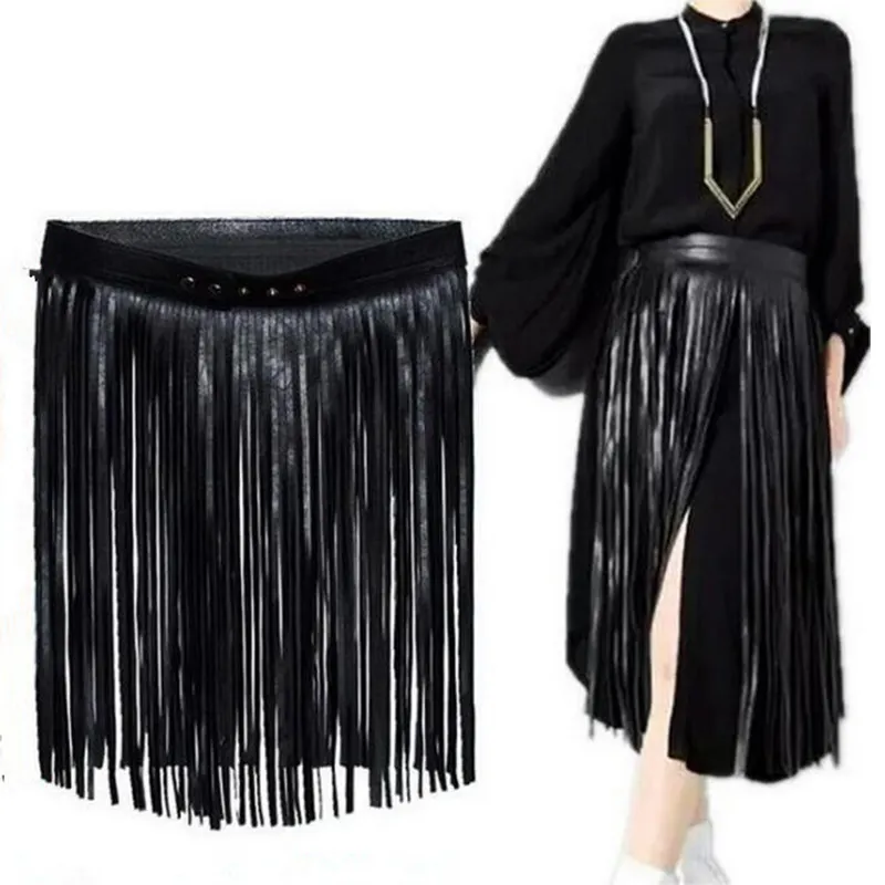 HLC372 Newest Women's Faux Leather Waistband Fringe Tassel Skirt Belts High Waist Adjustable Waist Fringe Belt