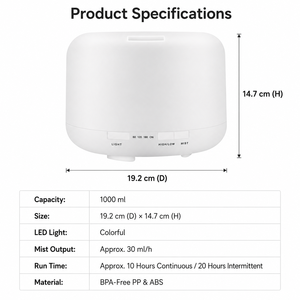 Diffuseur d'arômes blanc sans BPA <span class=keywords><strong>de</strong></span> 1000 ml, humidificateur d'huiles essentielles, LED 7 couleurs, arrêt automatique haute/basse intensité, minuterie 1H/2H/3H, pour la maison et le bureau - Product Image 6