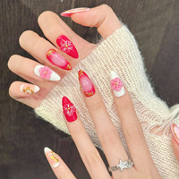 Design # 2923 Faux Ongles de Luxe Faits Main, 10 Pièces, Effet Dégradé 3D Rose Rouge Doré, à Presser, Réutilisables, Forme Amande Moyenne