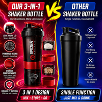 Bouteille shaker protéinée multicolores 3 couches de 500 ml avec compartiment à poudre et boîte à pilules, couvercle à clapet sans BPA