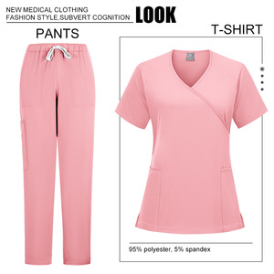 Women's Scrub <b>Set</b> Short Sleeve <b>Knitted</b> Split Uniform For Salon Dental Hospital Workwear With Label Size S XXL - Product Image 5