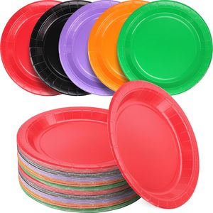 Assiettes en papier jetables multicolores en vrac, 5 couleurs vibrantes, assiettes rondes en papier solides pour les fournitures de fête d'anniversaire et de Noël - Product Image 1
