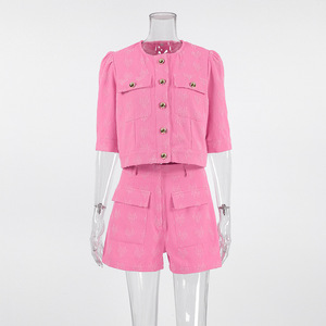 Jacquard di lusso 2024 estate nuovo abbigliamento da donna pendolarismo da ufficio in cotone <span class=keywords><strong>rosa</strong></span> mezza manica Top corto e <span class=keywords><strong>pantaloncini</strong></span> da donna - Product Image 4