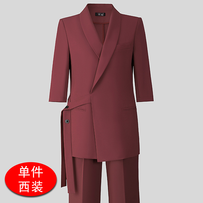 plum-colored suit