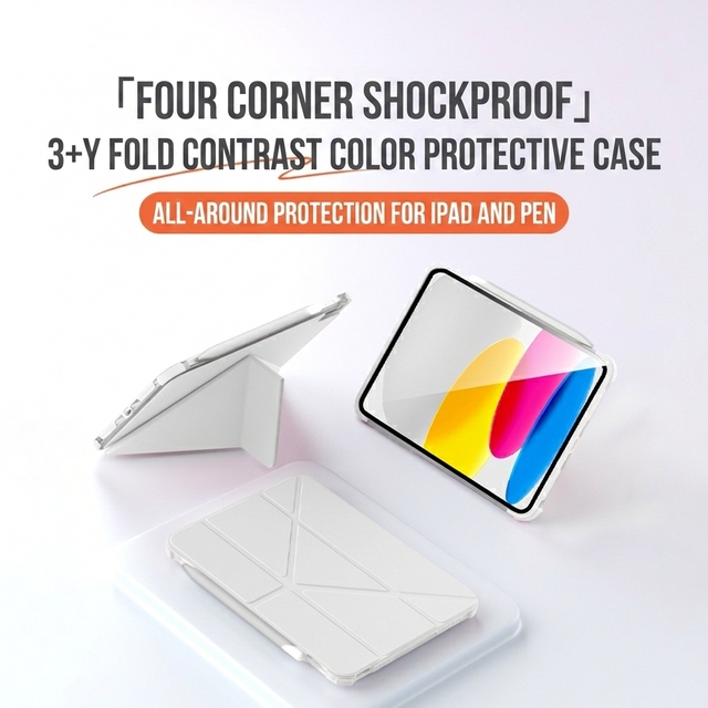 iPad Case Shockproof Protective Cover, 3+Y Foldable Multi Angle Stand, Slim Auto Sleep Wake Tablet Case with Pencil Holder