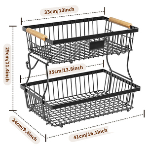 Kitchen Counter Fruit Vegetable Storage <strong>Rack</strong>, Two Tier Wire Basket Organizer with Banana Hooks for Fruits <strong>Veggies</strong> Snacks Storage - Product Image 2