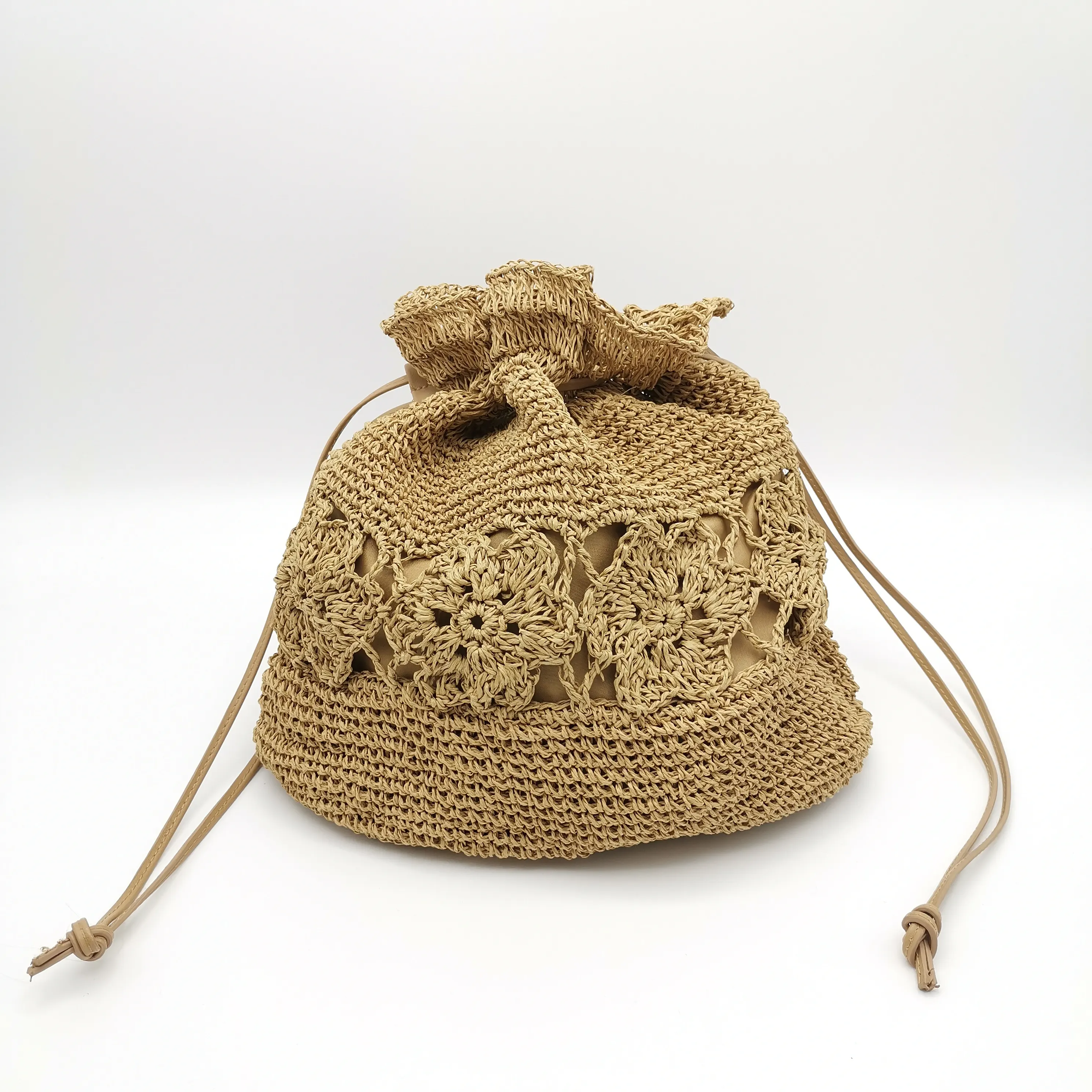 Paper Straw Bag Handwoven Paper Straw Beach Backpack Flower Crochet Straw Shoulder Bag Hand Crochet Drawstring Handbag