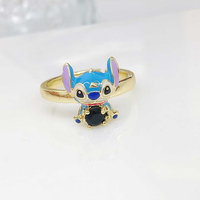 RM1706 Chic Vintage Bague ouverte ajustable en émail cloisonné chinois plaqué or 18 carats avec motif de dessin animé Stitch pour femmes