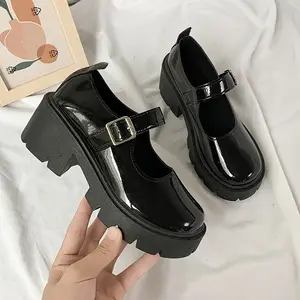 Новые женские осенние тонкие кожаные туфли на толстом каблуке для девочек в японском стиле