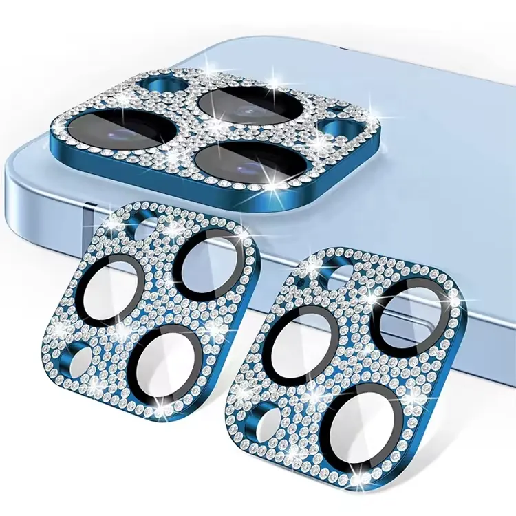 Protetor de lentes de câmera de diamante brilhante para o iphone 11 12 13 14 15 pro max, filme de proteção de lentes de liga de vidro de alumínio