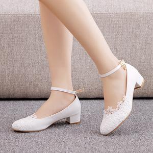 Talons hauts pour femmes grande taille 3cm talon carré chaussures simples un mot dragonne chaussure unique printemps automne dentelle chaussure de fête de mariage - Product Image 4