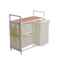 Étagère à linge haute en bambou blanc avec panier coulissant écologique et 3 sacs à linge extensibles et amovibles