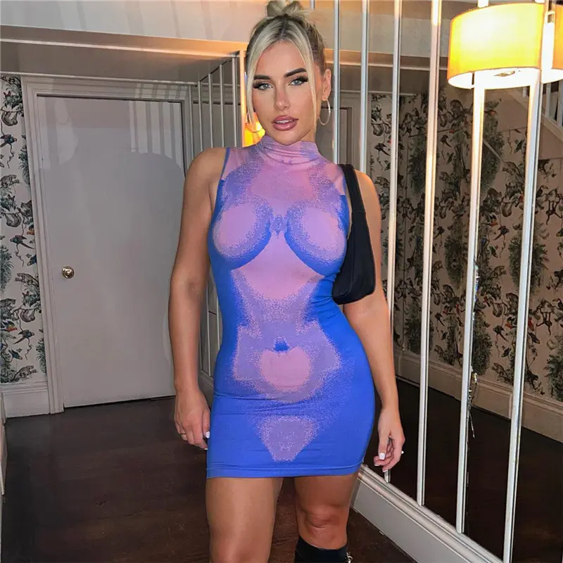 2023 New Trend Sleeveless Turtleneck 3D Body Print Slim Bodycon Mini Dress Sexy Women Nightclub Dresses