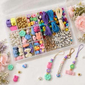 DIY Keychain Making Kit Cute Candy Bunny Flower Alphabet Letter Beads Acrylic Bead Set Bag Charm <b>Phone</b> <b>Lanyard</b> Craft Box - Product Image 1