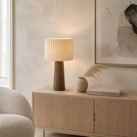 Lampe de table en résine, base conique en bois de noyer, abat-jour en forme de tambour à nervures verticales, style Japandi Wabi-Sabi nordique, chambre à coucher, salon, E27
