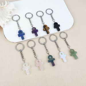 Haute qualité pierre précieuse naturelle croix porte-clés améthyste Rose Quartz <span class=keywords><strong>oeil</strong></span> de tigre opale Anka pendentif avec crochet en cuivre pour accessoire de sac - Product Image 2