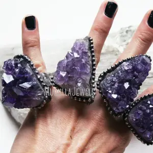 RM43797块状紫色紫水晶Druzy Geode钟乳石花簇水晶环可调尺寸环