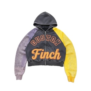 Felpe con Cappuccio Finch con Applicazioni Ricamate, Cotone Pesante, Stile <span class=keywords><strong>Vintage</strong></span> Y2k, Nero con Cerniera e Strass - Product Image 1