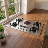 Table de cuisson à gaz encastrable multi-cuiseurs 5 brûleurs haute puissance avec couvercle rabattable, en verre, pour usage domestique, allumage par impulsions, classe 12500W, chauffage rapide