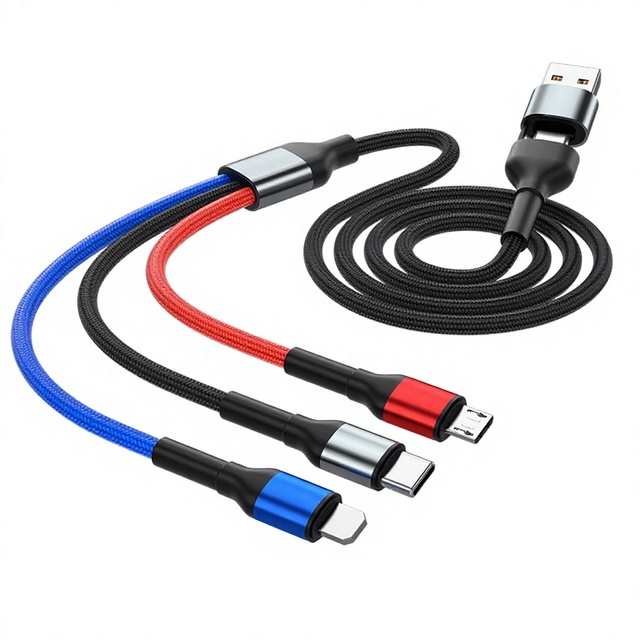 Three-in-One Braided Weaving Data Cable with Fast-Charging for iPhone Android USB-C