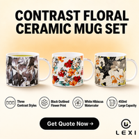 Ensemble de trois tasses en céramique à motifs floraux contrastés, fond noir, fleurs encadrées, hibiscus blanc, motif botanique aquarelle