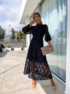 Señora elegante nuevo vestido de encaje cuello alto linterna manga larga Delgado Vestidos cintura temperamento moda Oficina viaje ocio hogar - Product Image 5