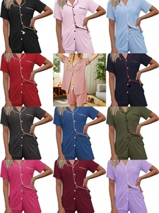 Set piyama wanita seksi, baju kancing pinggang elastis, set piyama malam pola polos adem Logo depan XL untuk musim semi musim panas musim gugur - Product Image 6